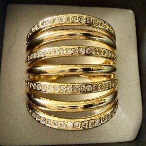 NEW!Pretty Bird Jewelry Adjustable Gold Tone Multi-Row Crystal Accent Wide Ring